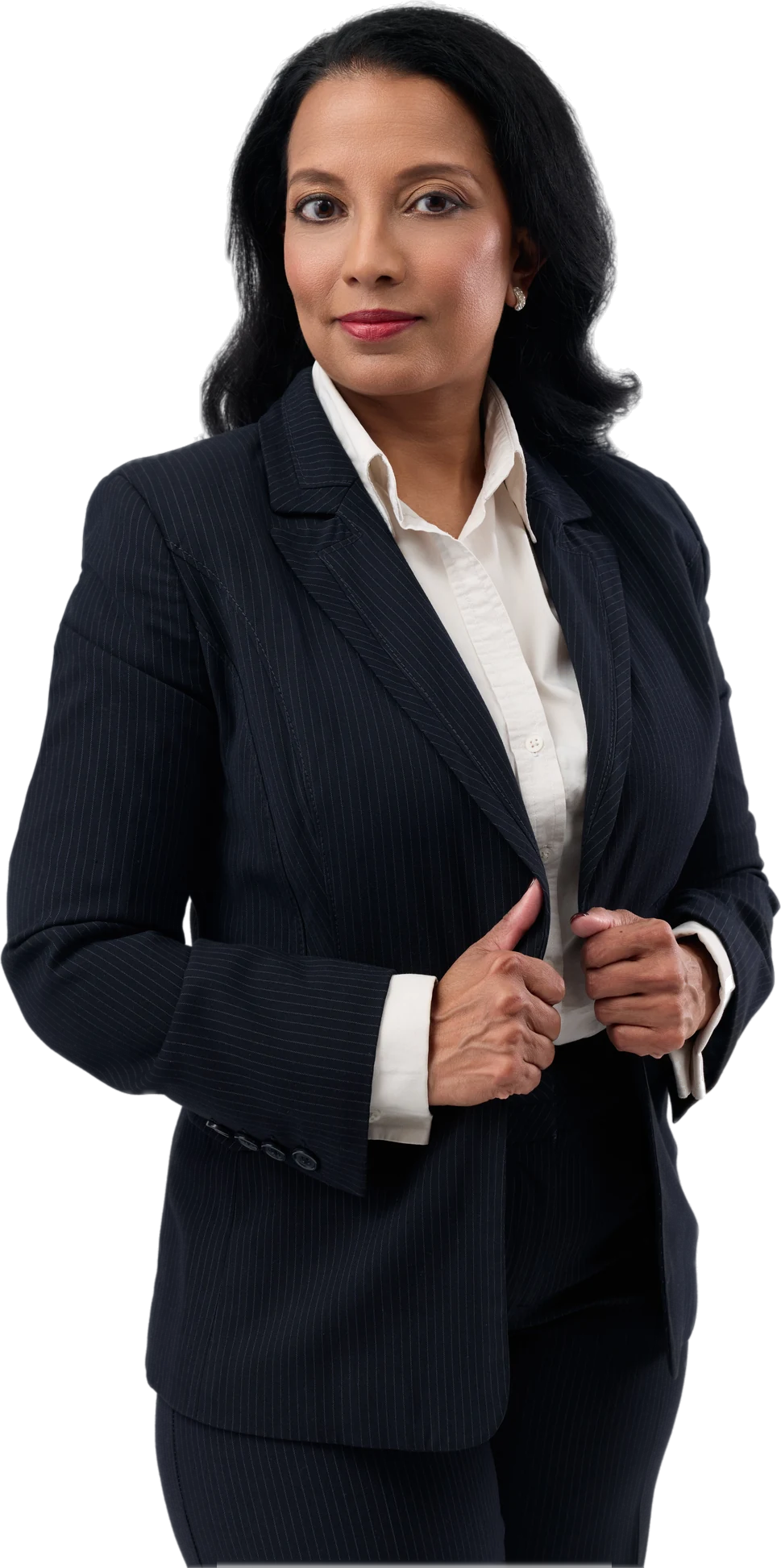 Ishara Saldin in a navy pinstripe suit