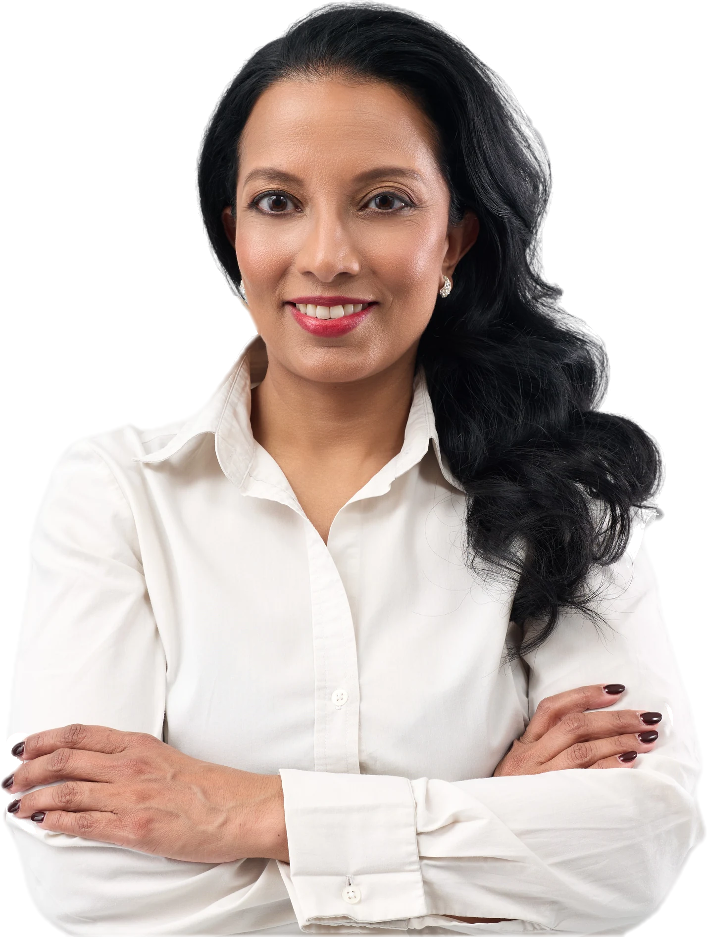 Ishara Saldin in a white shirt, arms crossed